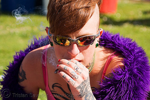 young woman with hand tattoos - leah (san francisco), hand tattoo, leah, piercing, purple, smoke, smoking, sunglasses, tattooed, tattoos, woman