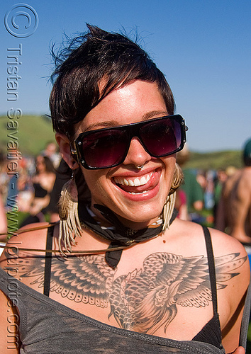 young woman with phoenix bird chest tattoo, bird tattoo, jacqulynn, phoenix tattoo, sunglasses, tattooed, tattoos, woman