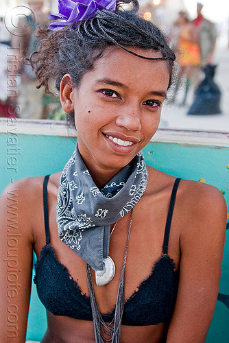 young woman with thin braids, bandana, black bra, braid, braided hair, woman