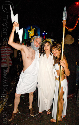 zeus - greek gods, costume, ghostship 2009, god, goddess, goddesses, greek, halloween, lightning, man, party, roman, spear, togas, woman, zeus