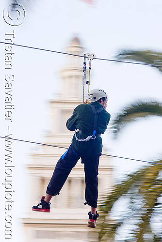 zip-line over san francisco, adventure, blue sky, cable line, cables, campanil, climbing helmet, clock tower, embarcadero tower, ferry building, hanging, mountaineering, moving fast, speed, steel cable, trolley, tyrolienne, urban, zip line, zip wire