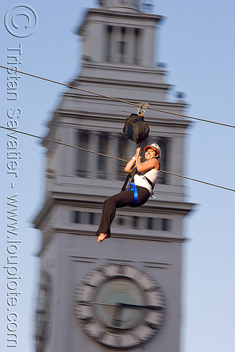 zip-line over san francisco, adventure, blue sky, cable line, cables, campanil, climbing helmet, clock tower, embarcadero tower, ferry building, hanging, mountaineering, moving fast, speed, steel cable, trolley, tyrolienne, urban, zip line, zip wire