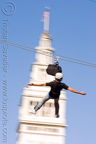 zip-line over san francisco, adventure, blue sky, cable line, cables, campanil, climbing helmet, clock tower, embarcadero tower, ferry building, hanging, mountaineering, moving fast, speed, steel cable, trolley, tyrolienne, urban, zip line, zip wire