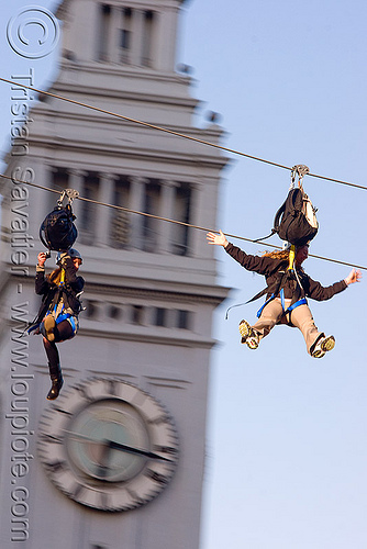 zip-line over san francisco, adventure, blue sky, cable line, cables, campanil, climbing helmet, clock tower, embarcadero tower, ferry building, hanging, mountaineering, moving fast, speed, steel cable, trolley, tyrolienne, urban, zip line, zip wire