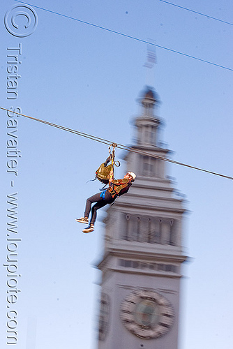 zip-line over san francisco, adventure, blue sky, cable line, cables, campanil, climbing helmet, clock tower, embarcadero tower, ferry building, hanging, mountaineering, moving fast, speed, steel cable, trolley, tyrolienne, urban, zip line, zip wire