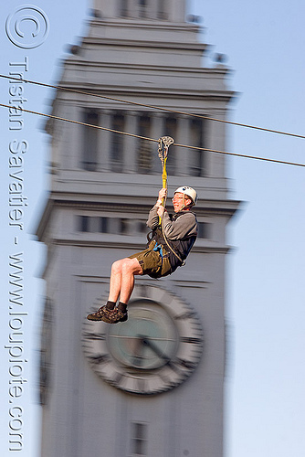 zip-line over san francisco, adventure, blue sky, cable line, cables, campanil, climbing helmet, clock tower, embarcadero tower, ferry building, hanging, mountaineering, moving fast, speed, steel cable, trolley, tyrolienne, urban, zip line, zip wire