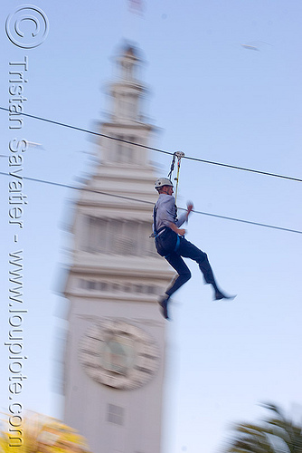 zip-line over san francisco, adventure, blue sky, cable line, cables, campanil, climbing helmet, clock tower, embarcadero tower, ferry building, hanging, mountaineering, moving fast, speed, steel cable, trolley, tyrolienne, urban, zip line, zip wire