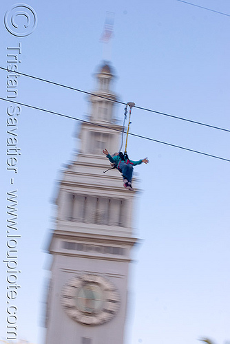 zip-line over san francisco, adventure, blue sky, cable line, cables, campanil, climbing helmet, clock tower, embarcadero tower, ferry building, hanging, mountaineering, moving fast, speed, steel cable, trolley, tyrolienne, urban, zip line, zip wire