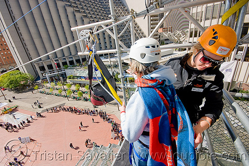 zip-line over san francisco, adventure, cable line, cables, climbing helmet, embarcadero, hanging, mountaineering, nat, steel cable, tower, trolley, ty, tyrolienne, urban, zip line, zip wire