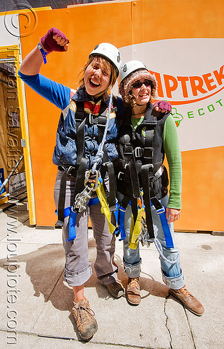 zip-line over san francisco, adventure, climbing helmet, embarcadero, jessika, mountaineering, steel cable, trolley, tyrolienne, urban, woman, zip line, zip wire