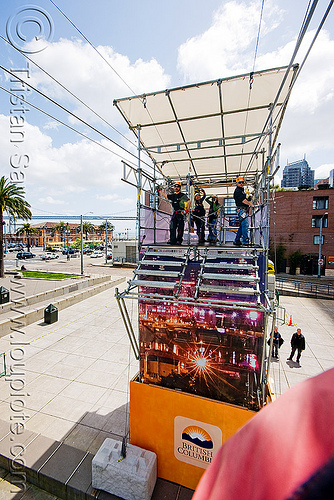 zip-line over san francisco, adventure, arrival, cable line, cables, climbing helmet, embarcadero, hanging, mountaineering, steel cable, tower, trolley, tyrolienne, urban, zip line, zip wire