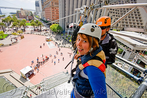 zip-line over san francisco, adventure, cable line, cables, climbing helmet, embarcadero, hanging, jessika, mountaineering, steel cable, tower, trolley, tyrolienne, urban, woman, zip line, zip wire