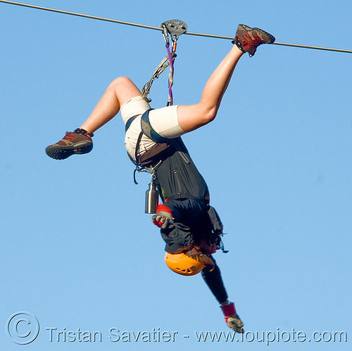 zip-line over san francisco - caitlyn, adventure, blue sky, cable line, cables, caitlyn, climbing helmet, embarcadero, hanging, mountaineering, moving fast, speed, states, steel cable, trolley, tyrolienne, upside-down, urban, zip line, zip wire