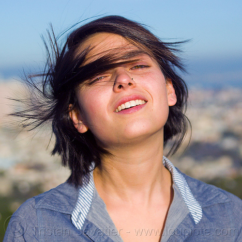 zoey - outdoor portrait of young woman, nose piercing, nostril piercing, wind, woman