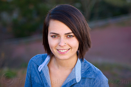 zoey - outdoor portrait of young woman, nose piercing, nostril piercing, woman