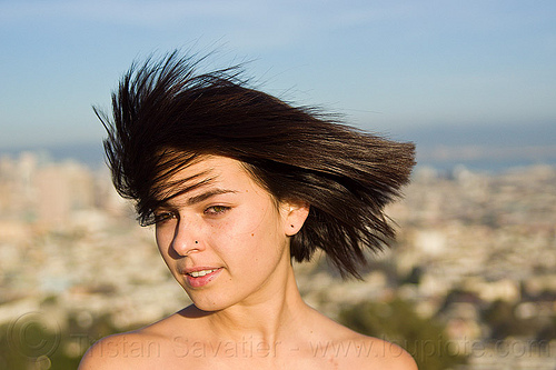 zoey - outdoor portrait of young woman, nose piercing, nostril piercing, wind, woman