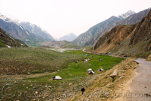 zojila pass - drass valley - leh to srinagar road - kashmir, camping, dras valley, drass valley, encampment, grass field, kashmir, kashmiri gujjars, medow, mountains, muslim, nomads, road, tents, zoji la, zoji pass, zojila pass