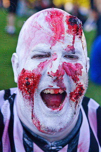 zombie referee halloween makeup, blood, halloween, holloween makeup, man, open mouth, red, referee, teeth, white, zombie makeup