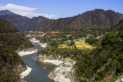 alaknanda river valley (india), alaknanda river, hills, landscape, mountain river, mountains, river bed, valley, winding