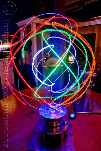 alien technology - electromechanical art by carl pisaturo (san francisco), area 2881, carl pisaturo, electromechanical, glowing, led lights, mapp, moving, orbit machine, robotic