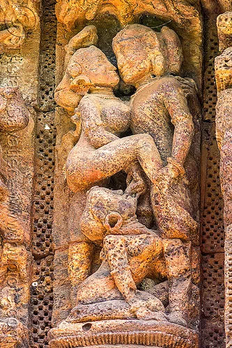 ancient hindu erotic sculpture - konark sun temple (india), erotic sculptures, erotic stone carving, hindu temple, hinduism, konark sun temple, maithuna