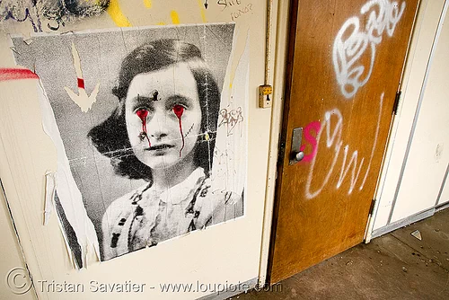 anne frank poster - desecrated, abandoned building, abandoned hospital, ann frank, anne frank, desecrated, desecration, graffiti, presidio hospital, presidio landmark apartments, street art, trespassing, vandalism, vandalized