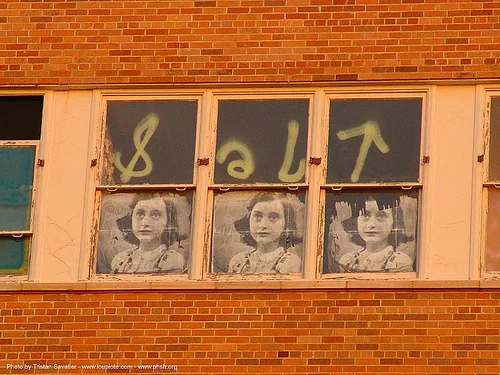 anne frank posters in window, abandoned building, abandoned hospital, ann frank, anne frank, graffiti, presidio hospital, presidio landmark apartments, salt, trespassing, window