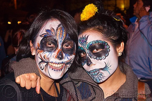 asian women with mexican-style skull makeup, asian woman, asian women, day of the dead, dia de los muertos, face painting, facepaint, halloween, lauren, night, sugar skull makeup