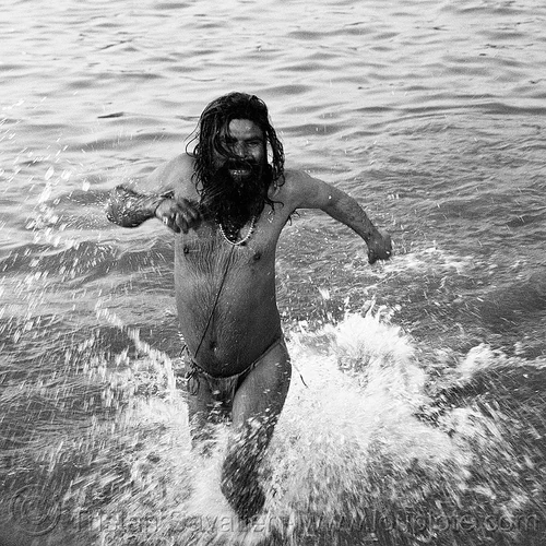 baba running in ganges river - kumbh mela 2013 (india), baba, bare chest, beard, ganga, ganges river, hindu pilgrimage, hinduism, holy bath, holy dip, kumbh mela, man, nadi bath, necklace, paush purnima, pilgrim, ritual bath, river bathing, running, sacred thread, sadhu, splashing, triveni sangam, yajno pavitam