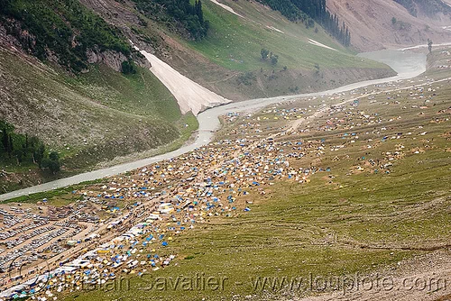 baltal tent village - amarnath yatra (pilgrimage), amarnath yatra, baltal, dras valley, drass valley, hindu pilgrimage, kashmir, mountain river, mountain trail, mountains, pilgrims, river bed, snow