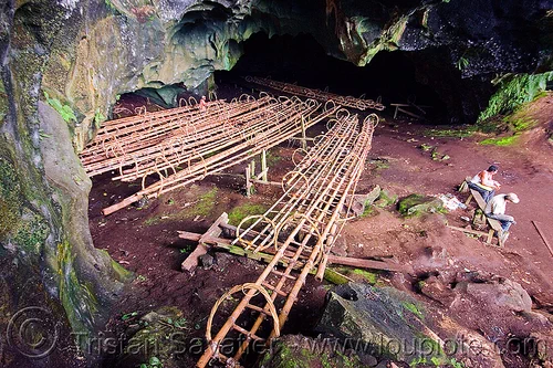 bamboo and rattan ladders used by bird's nests collectors - gua madai - madai cave (borneo), bamboo ladders, bird's nest, borneo, cave mouth, caving, gua madai, ida'an, idahan, madai caves, malaysia, natural cave, rattan, spelunking