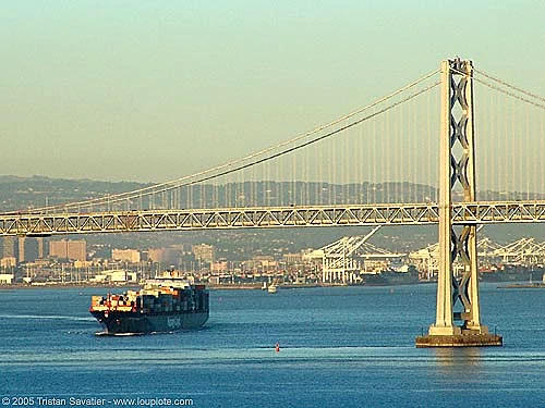 bay bridge (san francisco), boat, bridge pillar, bridge tower, cargo container ship, cargo ship, oakland harbor, suspension bridge
