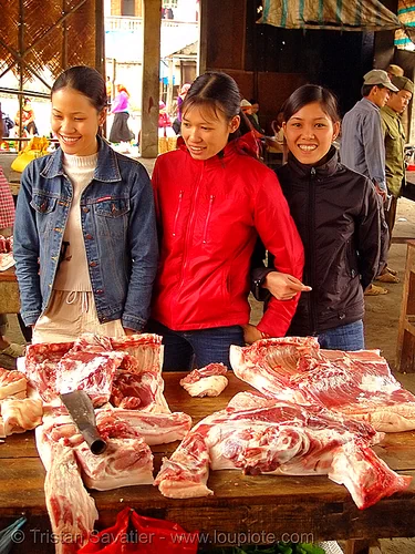beef meat on a market - vietnam, asian woman, asian women, beef, girls, meat market, meat shop, quản bạ, raw meat, tám sơn