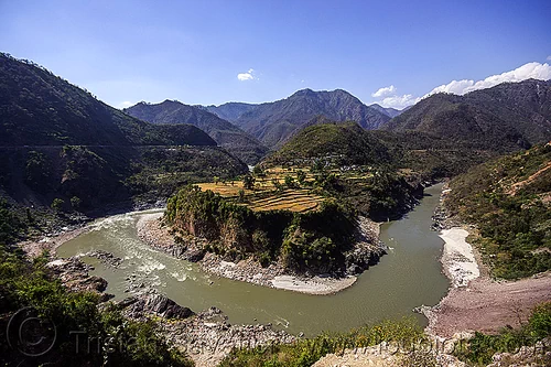 bend of the alaknanda river - gooseneck (india), alaknanda river, bend, gooseneck, hills, landscape, mountain river, mountains, river bed, terrace agriculture, terrace farming, terraced fields, valley, village