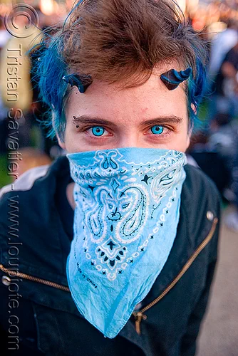 blue color contact lenses, bandana, ben retan, blue contact lenses, blue contacts, color contact lenses, face mask, lovevolution, man, prosthetic horns, special effects contact lenses, theatrical contact lenses