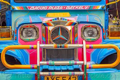 blue jeepney (philippines), baguio, colorful, decorated, front grill, jeepneys, painted, truck