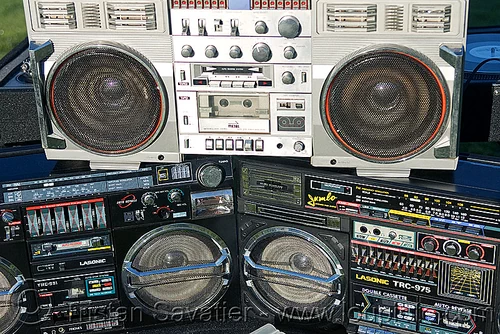 boomboxes cassette players stacked at park party, boomboxes, dj, ghettoblasters, lasonic, metri, radio, stereo