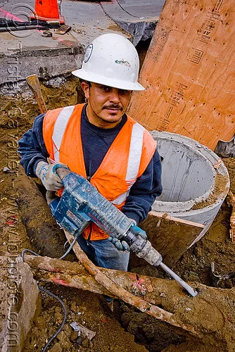 bosch hammer drill - electrical jackhammer - utility worker, bosch hammer drill, construction worker, drainage, electrical jackhammer, hard hat, heavy-duty, high-visibility jacket, high-visibility vest, power tool, reflective jacket, reflective vest, safety helmet, safety jacket, storm drain, utility worker, working