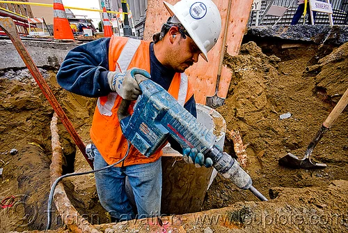 bosch hammer drill - electrical jackhammer - utility worker, bosch hammer drill, construction worker, drainage, electrical jackhammer, hard hat, heavy-duty, high-visibility jacket, high-visibility vest, power tool, reflective jacket, reflective vest, safety helmet, safety jacket, storm drain, utility worker, working