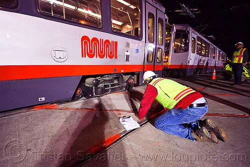 breda lrv test train, ansaldo breda, breda lrv, high-visibility jacket, high-visibility vest, light rail, man, muni, ntk, railroad construction, railroad tracks, railway tracks, reflective jacket, reflective vest, safety helmet, safety vest, san francisco municipal railway, test train, track maintenance, track work, tram, worker
