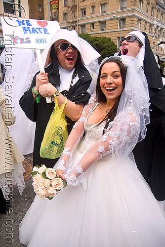 bride with nuns - diana furka - brides of march (san francisco), bridal bouquet, bride, brides of march, flowers, wedding dress, white roses, woman