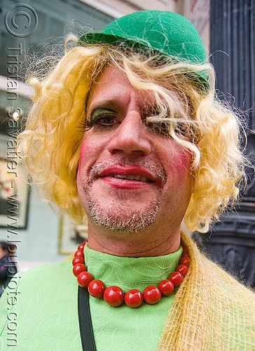 brides of march (san francisco), bride, brides of march, disheveled, green hat, man, necklace, red lipstick, st patricks day, wedding, white, wig