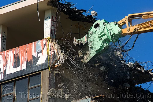 building demolition - caterpillar mp30 concrete pulverizer jaws, abandoned building, abandoned hospital, anthropomorphic, at work, attachment, building demolition, cat 385c, cat mp30, caterpillar 385c, caterpillar excavator, caterpillar mp30, concrete pulverizer, crane, graffiti, high reach demolition, long reach demolition, presidio hospital, presidio landmark apartments, pulverizer jaws, ultra high demolition, working