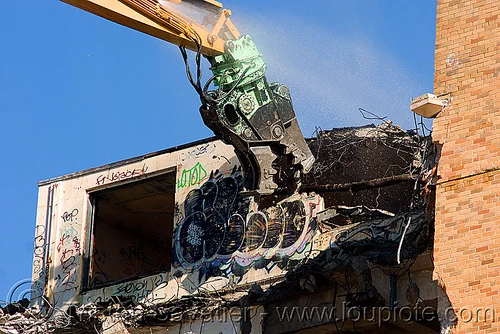building demolition - caterpillar mp30 concrete pulverizer jaws, abandoned building, abandoned hospital, anthropomorphic, at work, attachment, building demolition, cat 385c, cat mp30, caterpillar 385c, caterpillar excavator, caterpillar mp30, concrete pulverizer, crane, graffiti, high reach demolition, long reach demolition, presidio hospital, presidio landmark apartments, pulverizer jaws, ultra high demolition, working