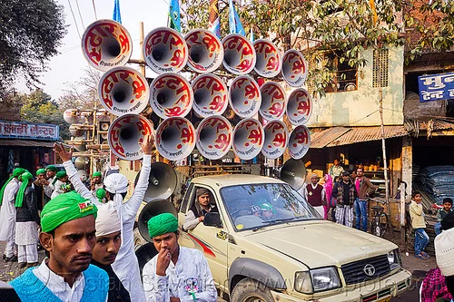 bullhorns sound system on pickup truck - eid-milad-un-nabi muslim festival (india), bullhorns, crowd, eid e milad un nabi, eid e milād un nabī, islam, loudspeakers, mawlid, men, muhammad's birthday, muslim festival, muslim parade, nabi day, pickup truck, prophet's birthday, speakers, عید میلاد النبی, ईद मिलाद नबी