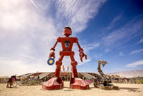 burning man - big red robot - becoming human, art installation, becoming human, christian ristow, red, robot, sculpture, statue, steel