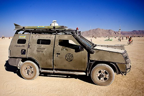 burning man - black rock army art dept armored car, 911, armored, armoured, army, art car, burning man art cars, military, mutant vehicles, signs, stencil, vehicle