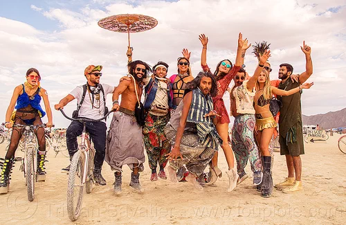 burning man - burners jumping on the playa, danielle, jump shot, men, umbrella, woman