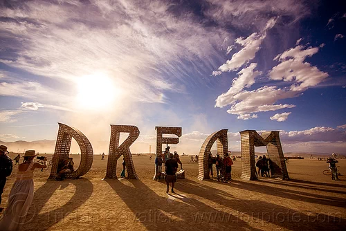 burning man - dream - giant letters - big words, art installation, big words, dream, metal sculpture, steel
