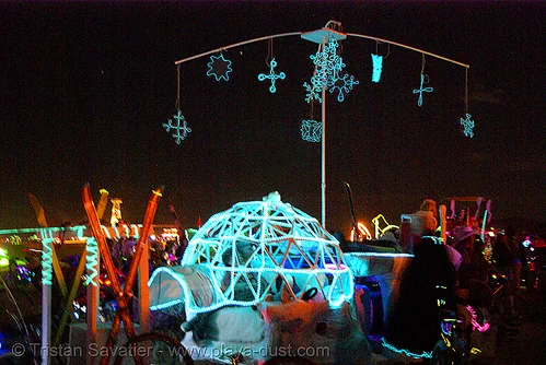 burning man - floe, from camp fimbulvinter, art car, burning man art cars, burning man at night, camp fimbulvinter, el-wire, electroluminescent wire, floe, glowing, igloo, mutant vehicles